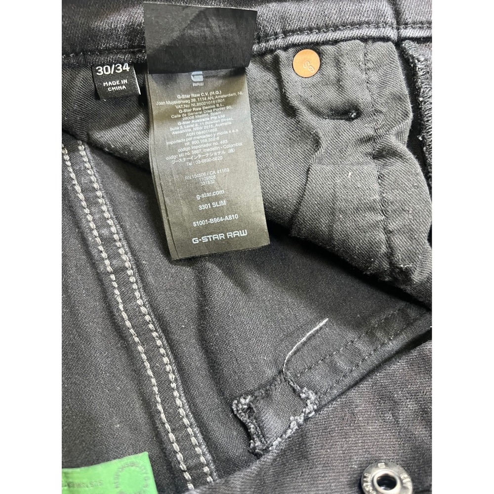 G-Star Raw 3301 Slim Black Authentic Jeans Mens 30x34 Button Fly 51001-B964-A810 - Picture 3 of 10